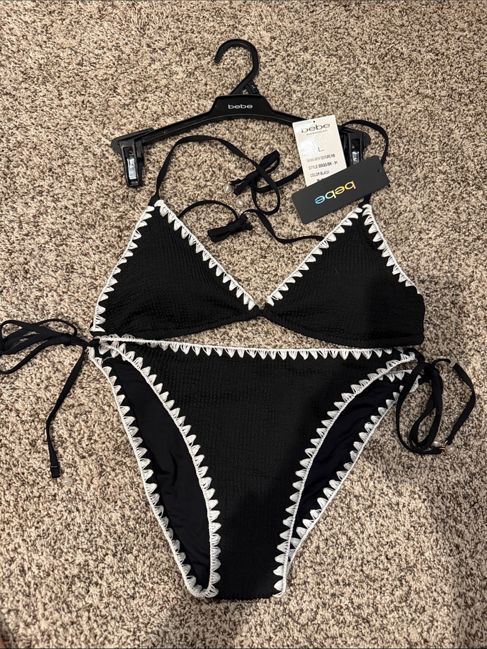 New Bebe Black Triangle Tie-Side One Piece with White Trim Sz Large $90